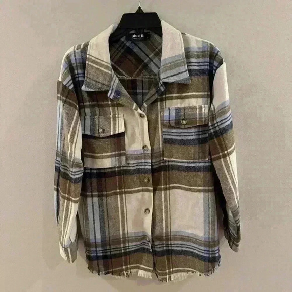 BLUE B Tan/Blue/Cream PLAID Mid-Weight Flannel BUTTON-UP Shirt Jacket Shacket S - Picture 1 of 4